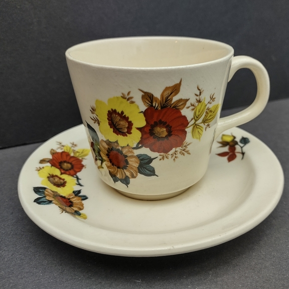 Vintage Faianta Sighisoara (FS) Romania Tea Cup & Saucer Ivory Autumn - Picture 1 of 8